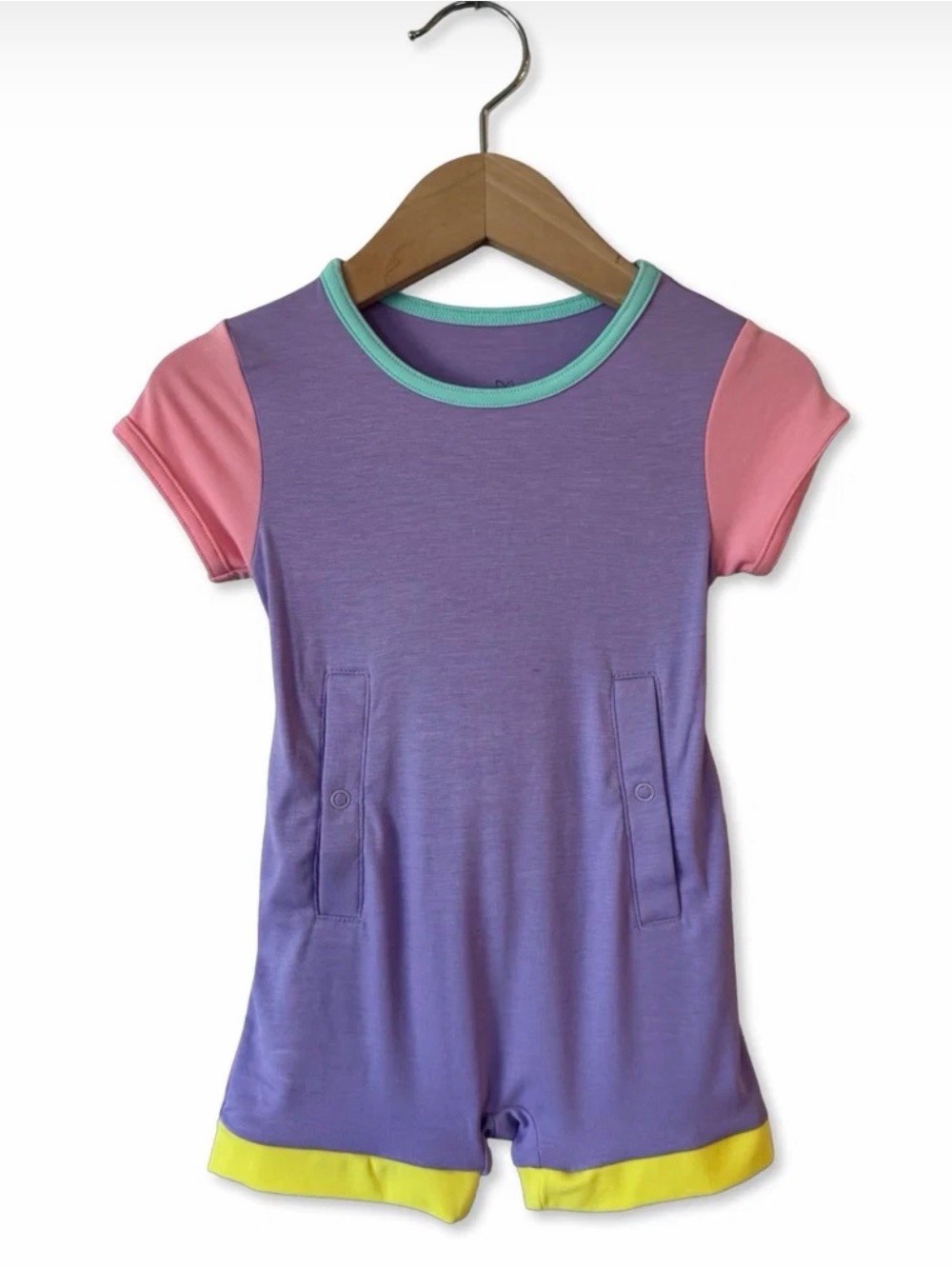 The SIMPLE SEED Let’s Boogie Colorblock Bamboo Back Open Shorty Romper - 6-12M